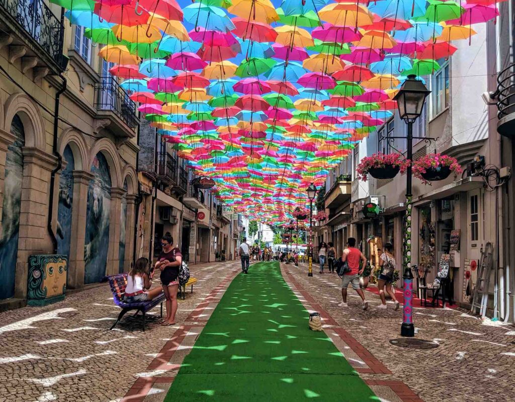 Águeda’s bus stops add a splash of colour to public transport with their vibrant umbrella canopies